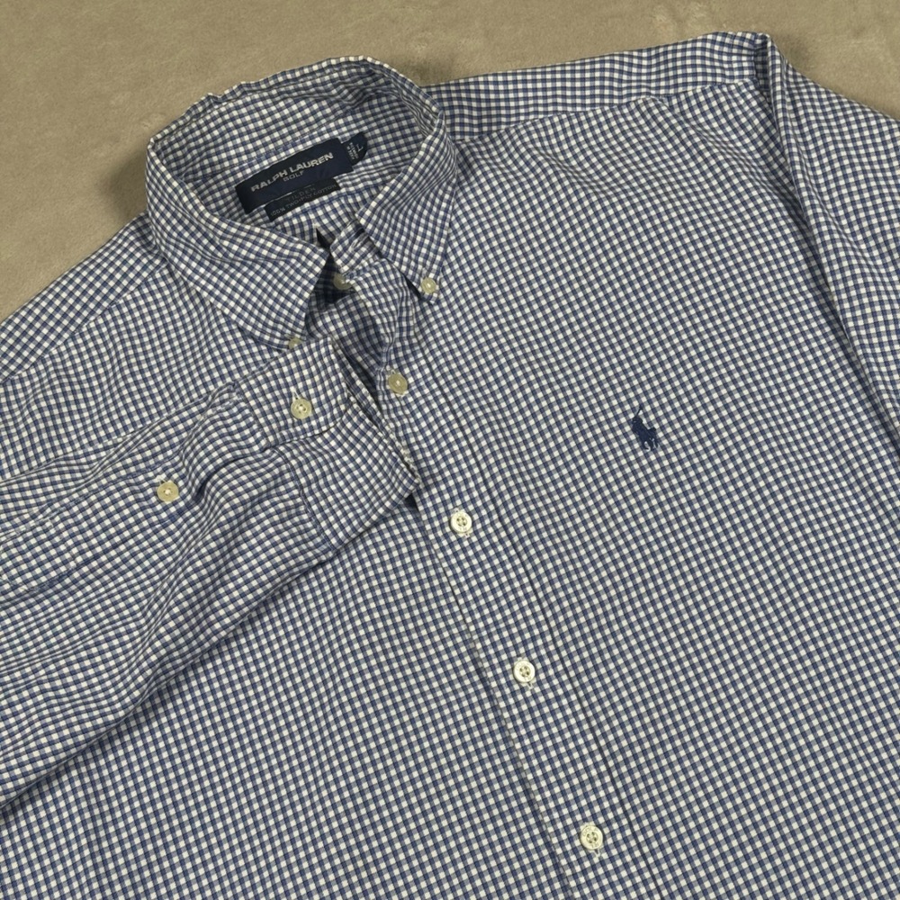 Ralph Lauren Golf Shirt Mens L Blue Gingham Tilden Long Sleeve Button Down